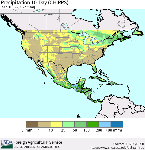 North America Precipitation 10-Day (CHIRPS) Thematic Map For 9/16/2022 - 9/25/2022