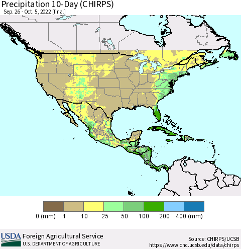 North America Precipitation 10-Day (CHIRPS) Thematic Map For 9/26/2022 - 10/5/2022