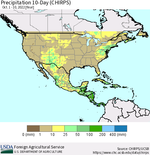 North America Precipitation 10-Day (CHIRPS) Thematic Map For 10/1/2022 - 10/10/2022