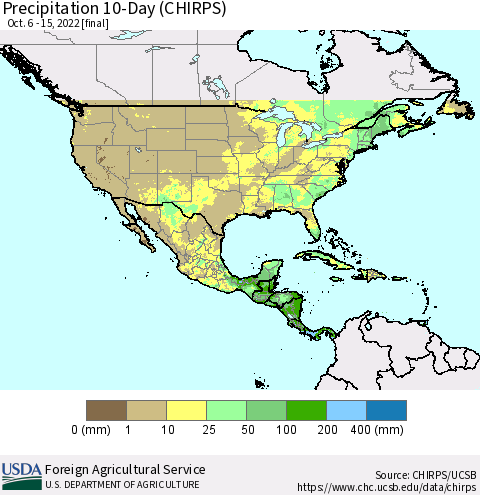 North America Precipitation 10-Day (CHIRPS) Thematic Map For 10/6/2022 - 10/15/2022