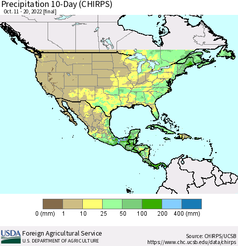 North America Precipitation 10-Day (CHIRPS) Thematic Map For 10/11/2022 - 10/20/2022