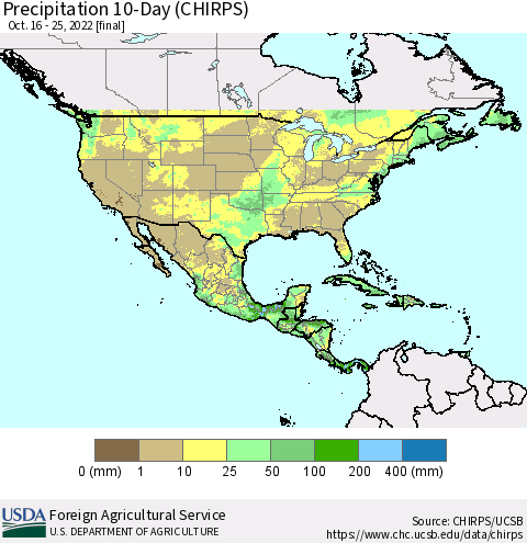 North America Precipitation 10-Day (CHIRPS) Thematic Map For 10/16/2022 - 10/25/2022