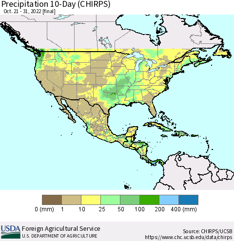 North America Precipitation 10-Day (CHIRPS) Thematic Map For 10/21/2022 - 10/31/2022