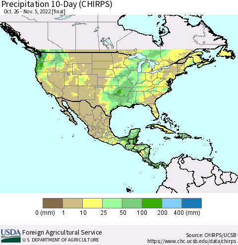 North America Precipitation 10-Day (CHIRPS) Thematic Map For 10/26/2022 - 11/5/2022
