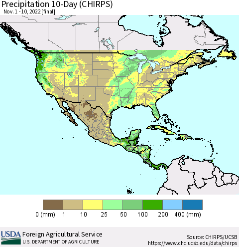 North America Precipitation 10-Day (CHIRPS) Thematic Map For 11/1/2022 - 11/10/2022
