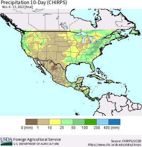 North America Precipitation 10-Day (CHIRPS) Thematic Map For 11/6/2022 - 11/15/2022