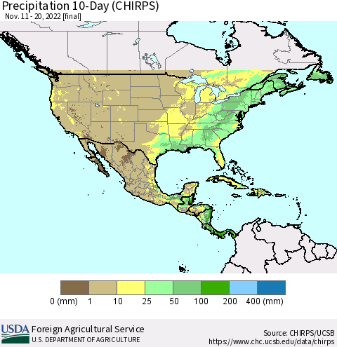 North America Precipitation 10-Day (CHIRPS) Thematic Map For 11/11/2022 - 11/20/2022