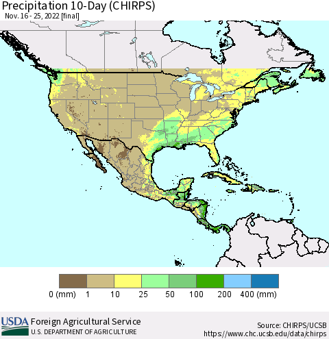 North America Precipitation 10-Day (CHIRPS) Thematic Map For 11/16/2022 - 11/25/2022