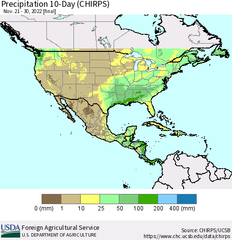 North America Precipitation 10-Day (CHIRPS) Thematic Map For 11/21/2022 - 11/30/2022