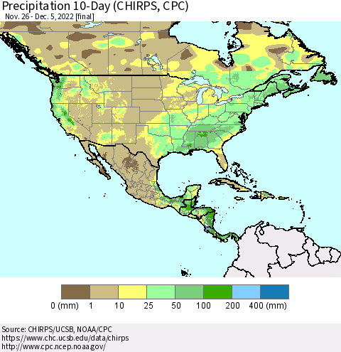 North America Precipitation 10-Day (CHIRPS) Thematic Map For 11/26/2022 - 12/5/2022