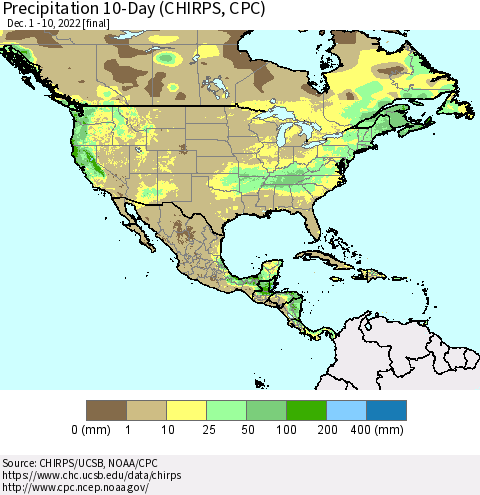 North America Precipitation 10-Day (CHIRPS) Thematic Map For 12/1/2022 - 12/10/2022