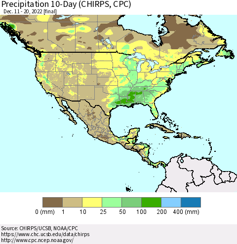 North America Precipitation 10-Day (CHIRPS) Thematic Map For 12/11/2022 - 12/20/2022