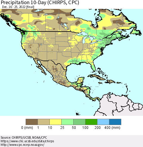 North America Precipitation 10-Day (CHIRPS) Thematic Map For 12/16/2022 - 12/25/2022
