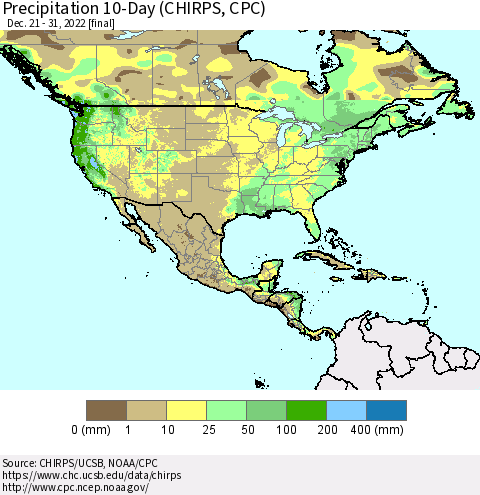 North America Precipitation 10-Day (CHIRPS) Thematic Map For 12/21/2022 - 12/31/2022