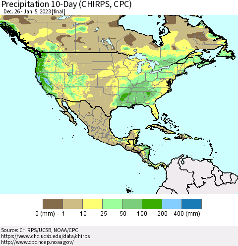 North America Precipitation 10-Day (CHIRPS) Thematic Map For 12/26/2022 - 1/5/2023
