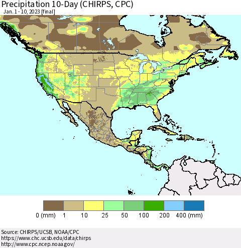 North America Precipitation 10-Day (CHIRPS) Thematic Map For 1/1/2023 - 1/10/2023