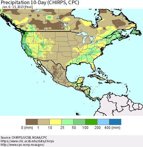 North America Precipitation 10-Day (CHIRPS) Thematic Map For 1/6/2023 - 1/15/2023