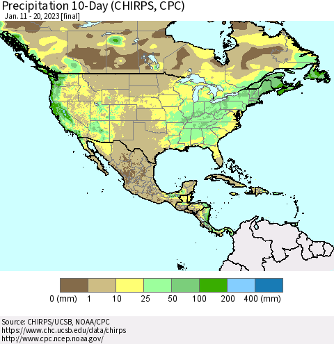 North America Precipitation 10-Day (CHIRPS) Thematic Map For 1/11/2023 - 1/20/2023