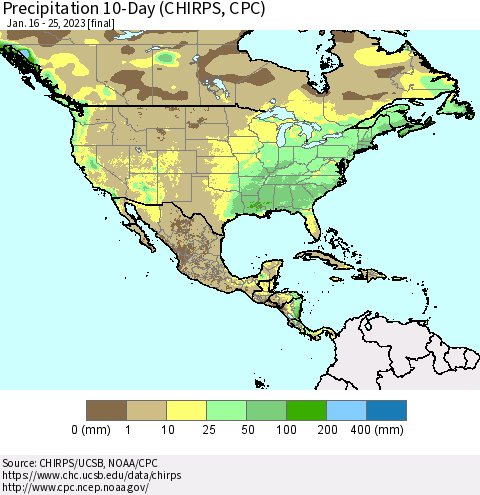 North America Precipitation 10-Day (CHIRPS) Thematic Map For 1/16/2023 - 1/25/2023