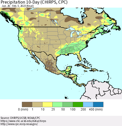 North America Precipitation 10-Day (CHIRPS) Thematic Map For 1/26/2023 - 2/5/2023