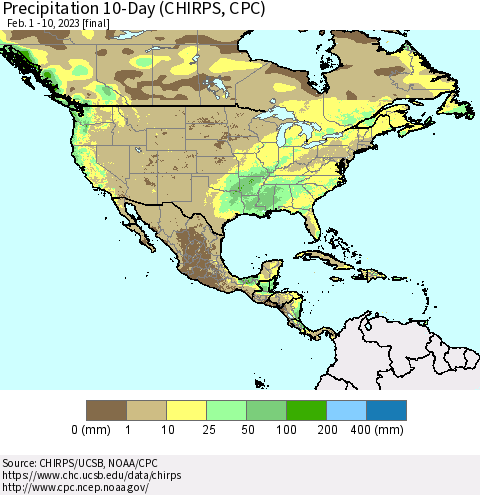 North America Precipitation 10-Day (CHIRPS) Thematic Map For 2/1/2023 - 2/10/2023