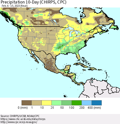 North America Precipitation 10-Day (CHIRPS) Thematic Map For 2/6/2023 - 2/15/2023
