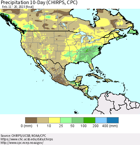 North America Precipitation 10-Day (CHIRPS) Thematic Map For 2/11/2023 - 2/20/2023