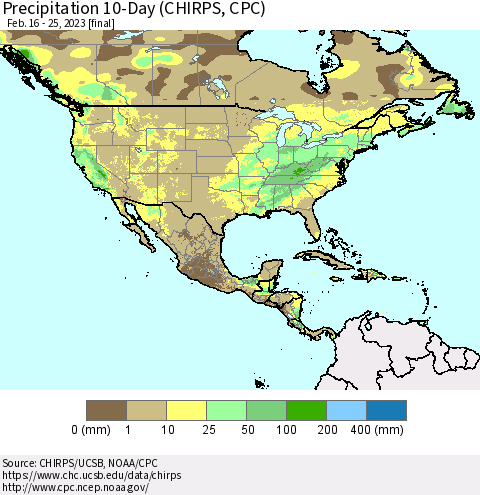 North America Precipitation 10-Day (CHIRPS) Thematic Map For 2/16/2023 - 2/25/2023