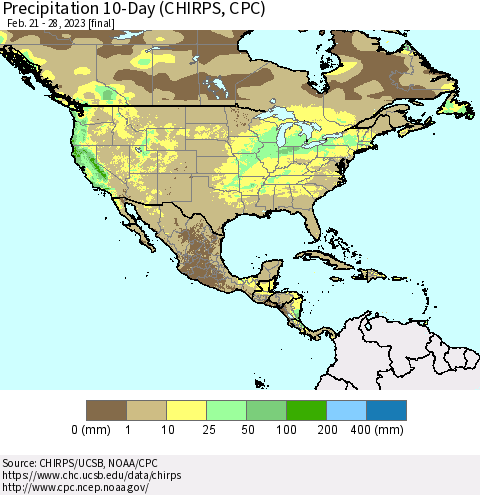 North America Precipitation 10-Day (CHIRPS) Thematic Map For 2/21/2023 - 2/28/2023