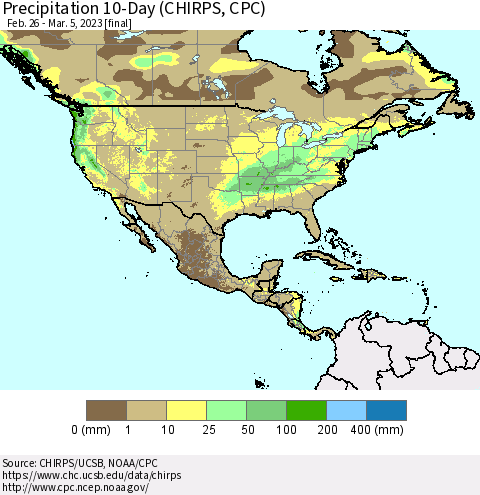North America Precipitation 10-Day (CHIRPS) Thematic Map For 2/26/2023 - 3/5/2023
