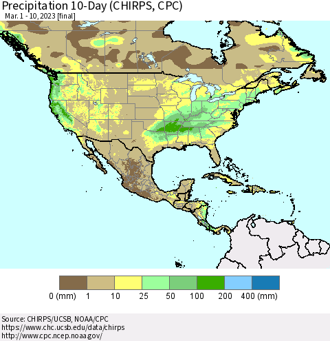 North America Precipitation 10-Day (CHIRPS) Thematic Map For 3/1/2023 - 3/10/2023