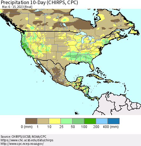 North America Precipitation 10-Day (CHIRPS) Thematic Map For 3/6/2023 - 3/15/2023