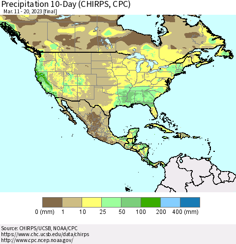 North America Precipitation 10-Day (CHIRPS) Thematic Map For 3/11/2023 - 3/20/2023