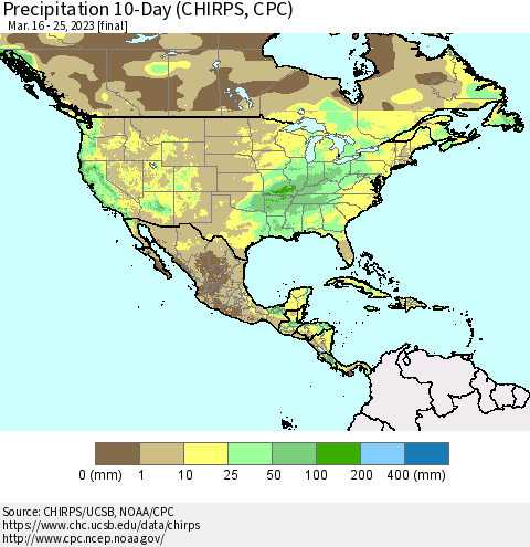 North America Precipitation 10-Day (CHIRPS) Thematic Map For 3/16/2023 - 3/25/2023