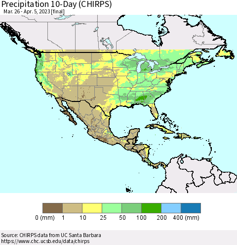 North America Precipitation 10-Day (CHIRPS) Thematic Map For 3/26/2023 - 4/5/2023