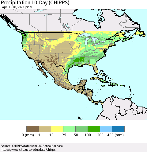 North America Precipitation 10-Day (CHIRPS) Thematic Map For 4/1/2023 - 4/10/2023