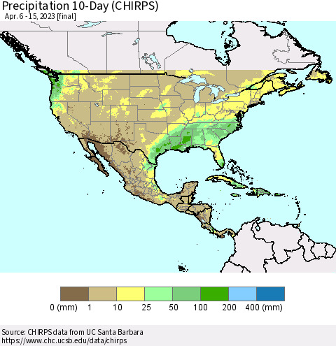 North America Precipitation 10-Day (CHIRPS) Thematic Map For 4/6/2023 - 4/15/2023