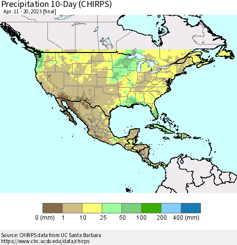 North America Precipitation 10-Day (CHIRPS) Thematic Map For 4/11/2023 - 4/20/2023