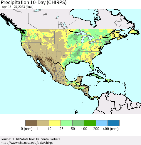 North America Precipitation 10-Day (CHIRPS) Thematic Map For 4/16/2023 - 4/25/2023