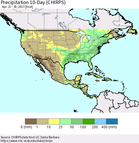 North America Precipitation 10-Day (CHIRPS) Thematic Map For 4/21/2023 - 4/30/2023