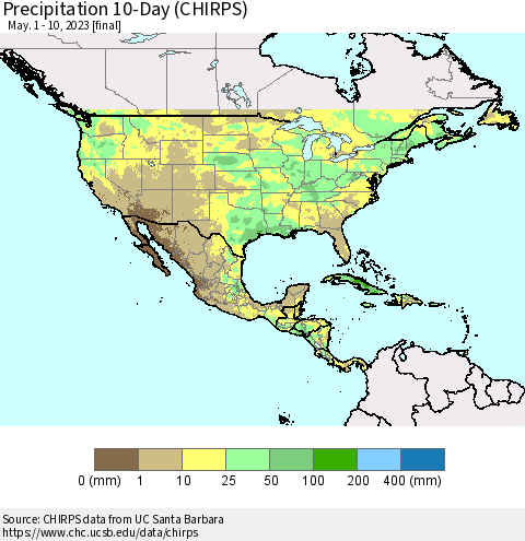 North America Precipitation 10-Day (CHIRPS) Thematic Map For 5/1/2023 - 5/10/2023