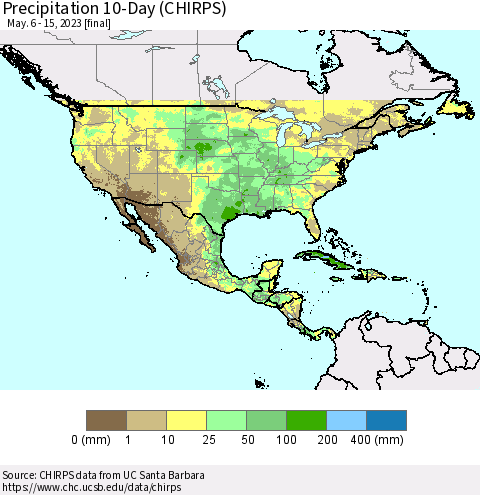 North America Precipitation 10-Day (CHIRPS) Thematic Map For 5/6/2023 - 5/15/2023