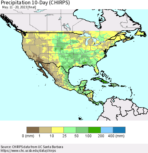 North America Precipitation 10-Day (CHIRPS) Thematic Map For 5/11/2023 - 5/20/2023