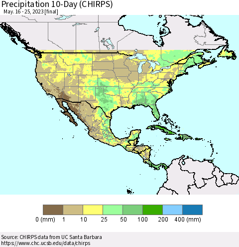 North America Precipitation 10-Day (CHIRPS) Thematic Map For 5/16/2023 - 5/25/2023