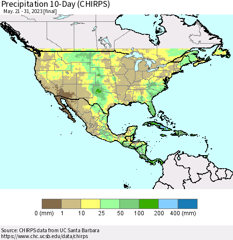 North America Precipitation 10-Day (CHIRPS) Thematic Map For 5/21/2023 - 5/31/2023