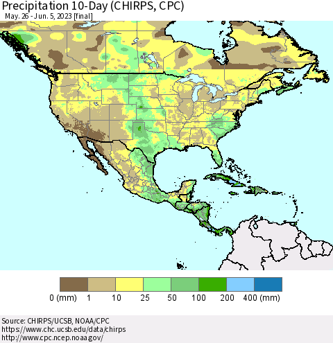 North America Precipitation 10-Day (CHIRPS) Thematic Map For 5/26/2023 - 6/5/2023