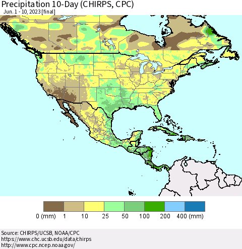 North America Precipitation 10-Day (CHIRPS) Thematic Map For 6/1/2023 - 6/10/2023