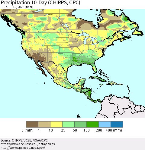 North America Precipitation 10-Day (CHIRPS) Thematic Map For 6/6/2023 - 6/15/2023