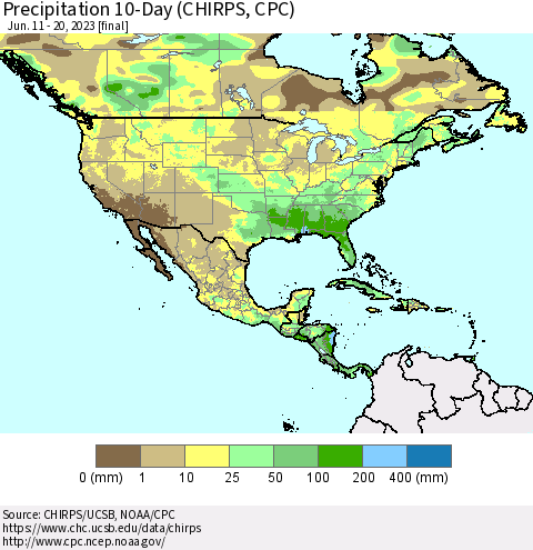 North America Precipitation 10-Day (CHIRPS) Thematic Map For 6/11/2023 - 6/20/2023