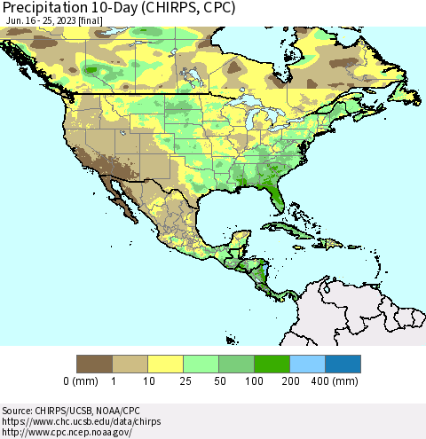 North America Precipitation 10-Day (CHIRPS) Thematic Map For 6/16/2023 - 6/25/2023